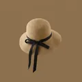 Elegante sombrero de sol de paja marrón claro de ala ancha con lazo de satén negro - Ajustable / Caqui-Lazo de Rayas Negras