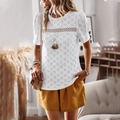 Women's white short sleeve t-shirt with delicate lace patchwork and eyelet details - S / White