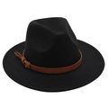 Detail of black wool fedora featuring a brown leather belt buckle and stylish fringe tassel - Black (Brown Belt)