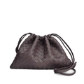 Dark brown woven leather crossbody bag with drawstring closure and soft texture - Coffee