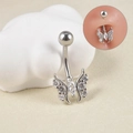 Detailed view of silver butterfly belly button ring with sparkling zircon and wearable model view - 1.6*10mm / Pave Transparent Zircon Butterfly (C)