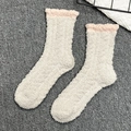 Thick beige coral fleece socks with pink plush cuffs for warm indoor sleep wear - One Size / Khaki (Pink Trim)