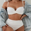 White ribbed high-waisted bikini set with twist-front top and denim jacket styling - S / White