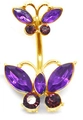 Golden belly button ring with sparkling double purple butterflies and gemstones - Gold Purple Red Zirconia