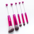 Set of 5 bright pink DIY beaded makeup brushes with grey-brown gradient fiber bristles - Morandi Rose Red