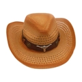 Western cowboy straw hat in orange hollow weave with brown leather and bull head emblem - Khaki 1 (Brown Bull)