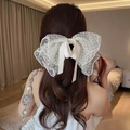 Elegant large French polka dot mesh bow hair clip shown on model from back view - Beige With Bow