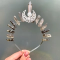Close-up of handmade crown headband with raw smoky quartz crystals and crescent moon detail - Crown Hairband / Brown