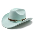 Close-up of mint green felt cowboy hat featuring a brown leather band and gold horsebit - M(56-59CM) / Light Green (Suede)
