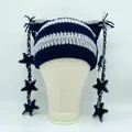 Handmade striped cat ear beanie in navy blue and grey with star charms and tassels - Black Grey Long Stars