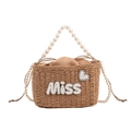 Straw woven handbag with pearl handle and MISS letter heart pattern for beach summer use - Khaki