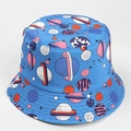 Detailed view of sky blue space theme bucket hat with colorful planets and star patterns - M (56-58cm) / Planet-Blue