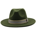 Detail of dark green fedora hat featuring a classic tri-color striped woven band - Army Green