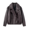 Women's dark brown faux leather jacket with large lapels and double-breasted closure - Dark Brown / XS