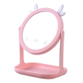 Pink round makeup mirror with cute white rabbit ears and cat face pattern on desktop stand - Base Style / Antler / Pink