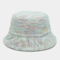 Detailed close-up of blue knit bucket hat with fluffy texture and colorful stripes - One Size / Green