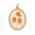 Oval gold pendant featuring orange lily of the valley flowers and white zircon stones - Gold Oval Zirconia Inlaid Orange Lily of the Valley