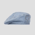 Détail d'un béret en jean avec poche latérale décorative et surpiqûres jaunes contrastées - Taille Unique(57-59cm) / Bleu clair
