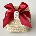 Handmade square bamboo gift box with dark red satin bow and thank you tag - Square Box Wine Red Ribbon Style