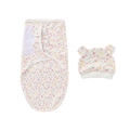 Detailed flat lay of newborn swaddle cocoon and hat set with colorful rainbow patterns - Rainbow Sunflower Swaddle + Hat Set