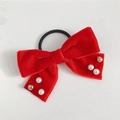 Red velvet bow hair tie with pearls and rhinestones for festive New Year girls' styling - Style 7: Single Hair Tie