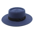 Classic dark blue flat-top boater hat with wide brim and black bow ribbon for summer - M (56-58cm) / Navy Blue