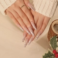Coffin-Nägel in Nude-Rosa mit weißen Schneeflocken und silbernem Glitzer für Weihnachten - Schneeflocke Glitzer Rosa Langer Sarg-Stil (JP1903)