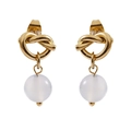 Elegant 18K gold butterfly knot drop earrings with white translucent gemstone pendant - Gold Bowknot Translucent White Bead Style (556-07)