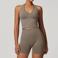 Ensemble de yoga côtelé sans couture deux pièces avec haut dos nu et short taupe - S / Haut Et Bas / Ensemble deux pièces (Soutien-gorge + Short) / Marron