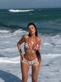 Zweiteiliger Bikini mit Leopardenmuster, rotem Rand und Neckholder vor Meereshintergrund - S / Leopardenmuster Rot