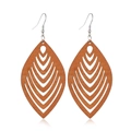 Detailed close-up of brown leaf-shaped hollowed wood earrings with silver hooks - Style 30/Leaf Shape Hollow Natural Brown