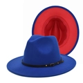 Royal blue and red bicolor wide brim wool fedora hat with black buckled leather band - M (56-58cm) / Royal Blue & Red