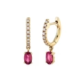 K-gold hoop earrings with round clear stones and hanging oval pink zircons - Oval Deep Pink Gemstone Prong Hoop / Gold/Deep Pink