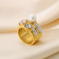 Gold stainless steel ring with white pearl and sparkling crystals on champagne silk - Gold Pearl Rhinestone Style (KR53382-K)