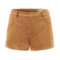 Flat lay of camel faux suede high-waisted shorts with neat side stitching detail - S / Shorts