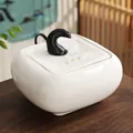 Minimalist white ceramic pet water fountain with black gooseneck faucet for home - Flowing Water Wealth [Black Top-White Bottom]