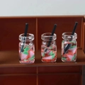Miniature 3-piece strawberry drink bottle resin charms with pink slices and black straws - Fruit Cup 1