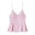 Close-up of pink striped camisole top featuring decorative front buttons and pleated hem - XS / Pink Stripe