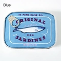 Detail of blue sardine tin pouch featuring exquisite fish embroidery and metal pull ring - Blue