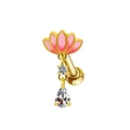 Close-up of golden lotus flower labret stud with pink enamel and white zircon stone - Gold Pink Enamel Lotus