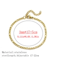 Adjustable 3mm gold Figaro chain bracelet in stainless steel with 17 to 22cm extension - 3:1 Figaro Chain Style / 3mm Wide (17+5cm) / Gold