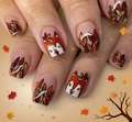 Short square press-on nails with autumn fox and maple leaf patterns in orange tones - Autumn Fox and Maple Leaf Style (CW717)