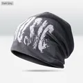 Dark grey knitted beanie with white artistic MUSIC print for men and women - Music Style / Dark Gray
