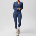 Close-up of deep blue three-piece yoga set with high waist pants and side pockets - S / Navy Blue