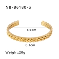 Detail view of golden stainless steel watch-band style open bracelet with size specs - 18K Gold Watch Band Texture (NB-B6180-G) / Gold