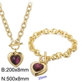 Golden stainless steel jewelry set with purple crystal heart pendants and OT toggle clasp - Gold 2-Piece Set - Purple Gem (KS197662-Z)