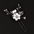 U-shaped bridal hair pin featuring white fabric flowers and silver leaf with pearls - 2-Flower Hairpin / Silver