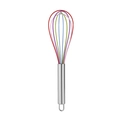 Handheld silicone whisk with stainless steel handle and colorful wires on white background - 10" / Colorful