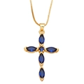 Golden cross necklace featuring marquise-cut deep blue zircon stones on a classic box chain - Blue