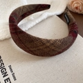 Detail of British plaid thick sponge headband with a handmade label on fabric - Red Coffee Plaid